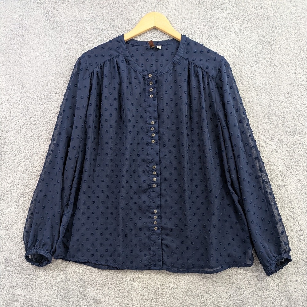 KUT from the Kloth Blouse Women's Medium Navy Blue Swiss Dot Button Front Top‎